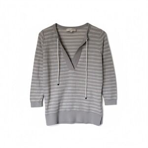 LOFT‎ Striped V Neck Tie Neck Sweater 3/4 Sleeve Women's XS Gray White Knit
